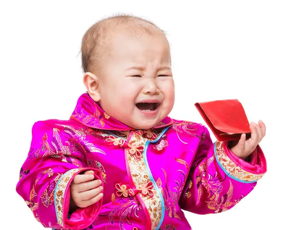 Bebê chinês chorando com bolso vermelho — Fotografia de Stock