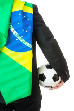Arkadan Görünüm işadamı Brezilya bayrağı futbol topu tutun