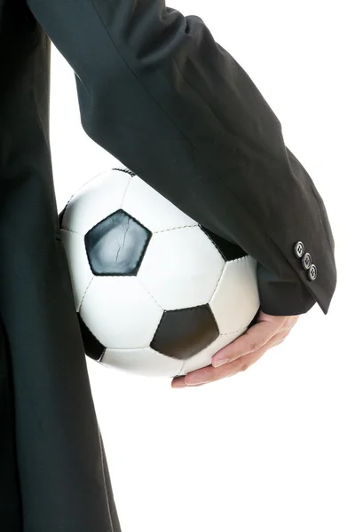 Achteraanzicht van zakenman houden voetbal — Stockfoto