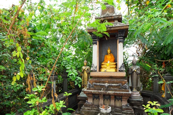 Golden buddha statue in japanese garden — Stock Photo, Image