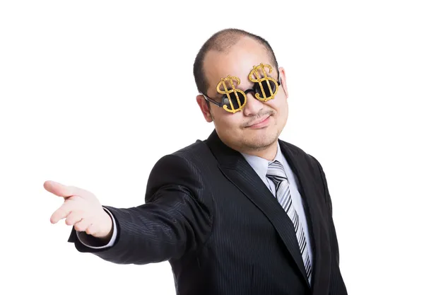 Businessman wear dollar sign glasses and giving hand — Stock Photo, Image