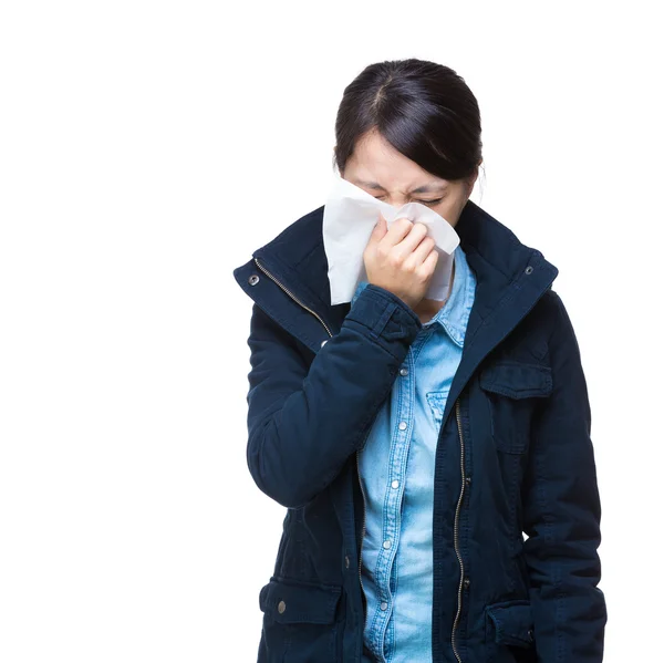 Asian woman sneeze portrait — Stock Photo, Image