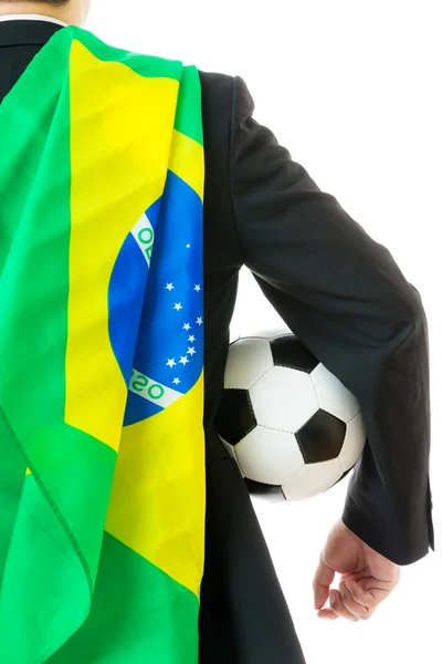 Achteraanzicht van zakenman met voetbal bal en Brazilië vlag — Stockfoto