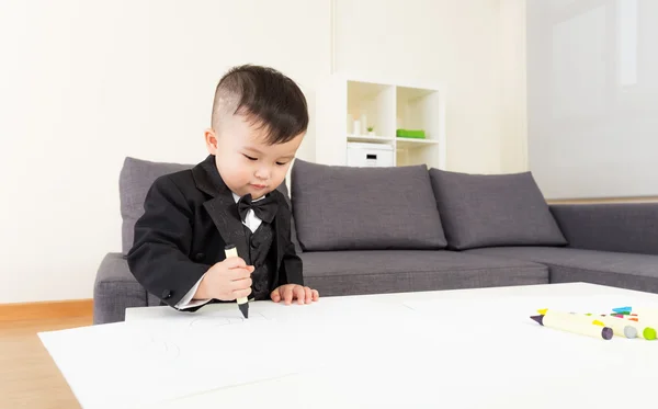 Asian little boy drawing picture at home — Stock Photo, Image