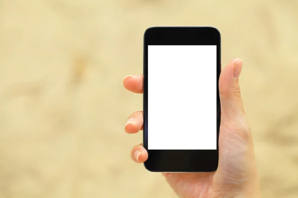 Blank screen on mobile with hand holding — Stock Photo, Image