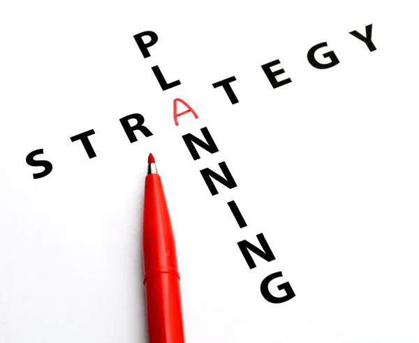 Palavra cruzada para estratégia de planejamento com escrita de mão — Fotografia de Stock