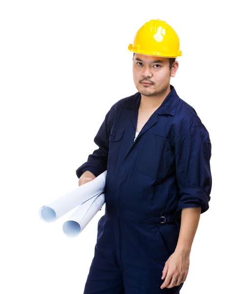 Travailleur de la construction et impression bleue — Photo