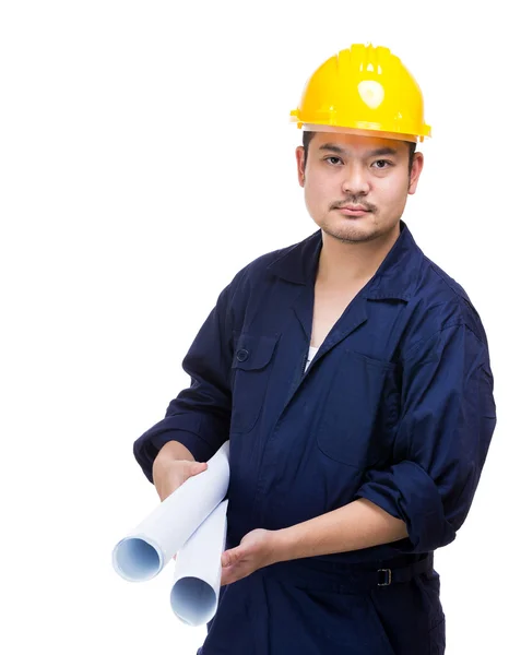 Trabajador de construcción asiático con impresión azul —  Fotos de Stock