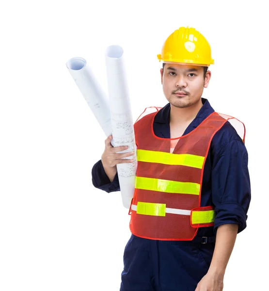 Asya inşaat işçisi ile mavi baskı — Stok fotoğraf