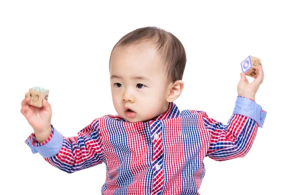 Asian baby boy raised his hands up with toy blocks — Stock Photo, Image