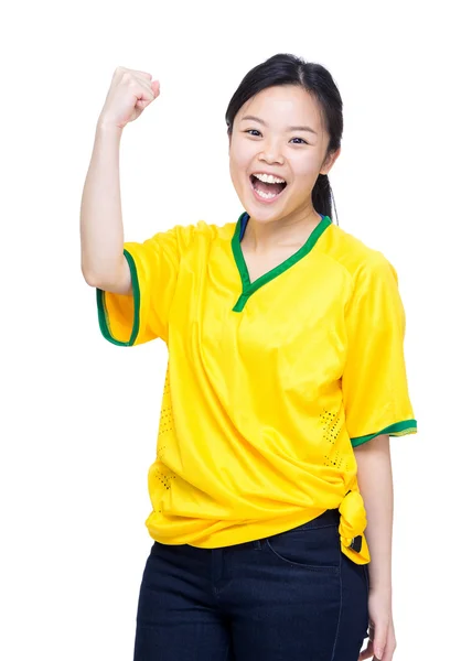 Glada asiatiska kvinnliga fotboll supporter — Stockfoto