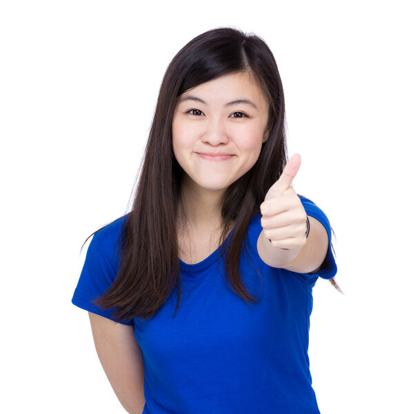 Asian woman showing thumb up