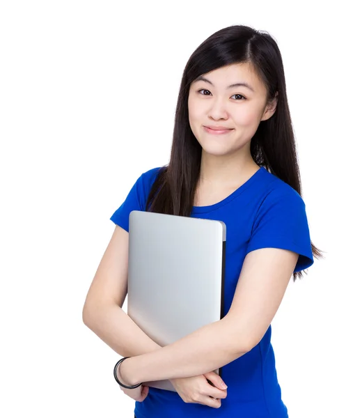 Asian woman holding computer — Stock Photo, Image