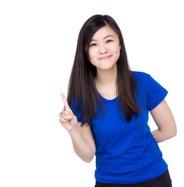 Aziatische vrouw vinger wijzen op iets tonen — Stockfoto