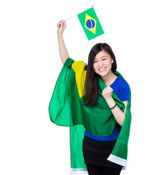 Asian excited woman drape with Brazil flag — Stock Photo, Image