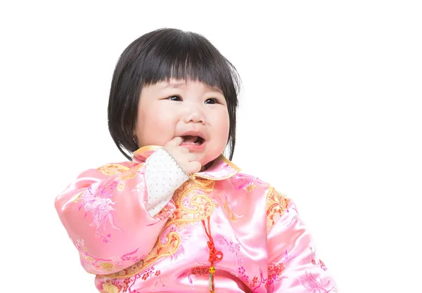Chinese baby girl finger suck into mouth — Stock Photo, Image