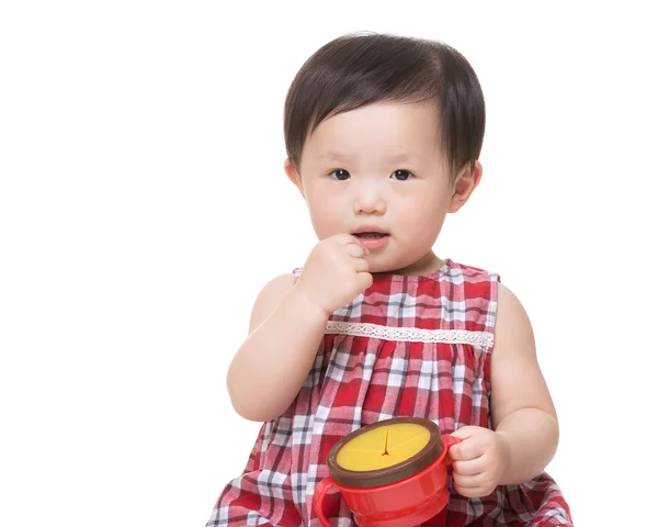 Asiatique petite fille tenant sa boîte à nourriture — Photo