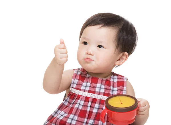 Asian baby girl with snack box and thumb up — Stock Photo, Image