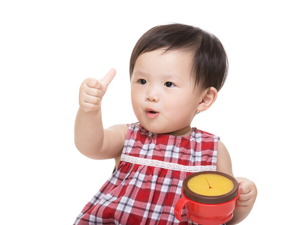 Asian baby girl with snack box and thumb up