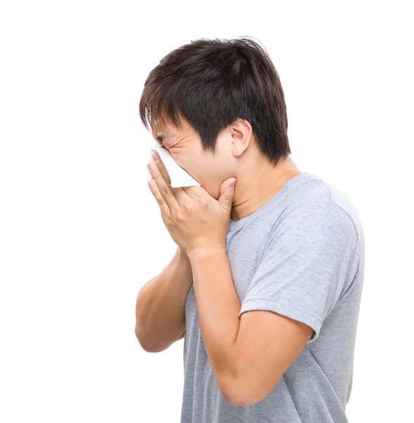 Side profile of asian man sneeze — Stock Photo, Image