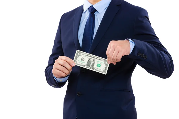 Part of body for businessman holding one dollar — Stock Photo, Image