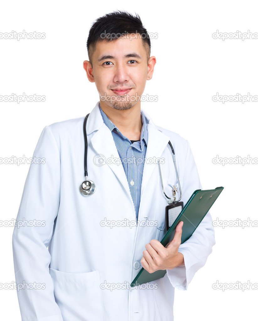 Happy doctor with clipboard