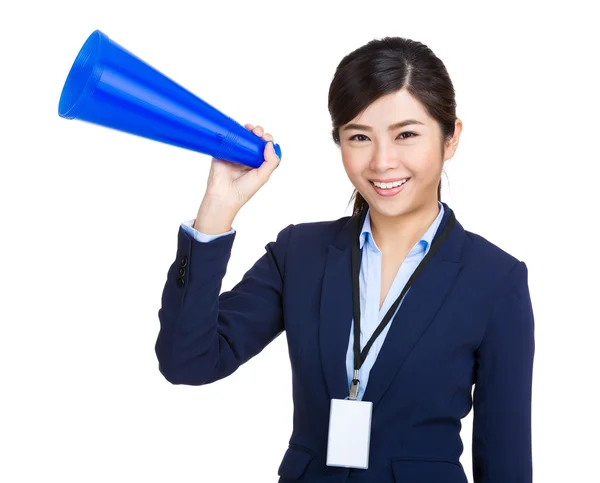 Geschäftsfrau mit blauem Megafon — Stockfoto