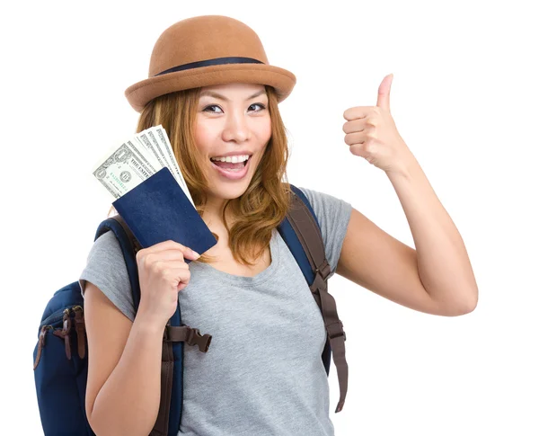 Tourist woman holding passport and money — Stock Photo, Image