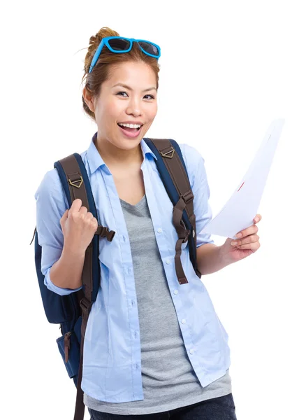 Happy travel woman holding information — Stock Photo, Image