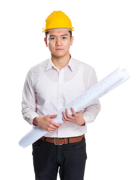 Asian engineer holding with blueprint — Stock Photo, Image