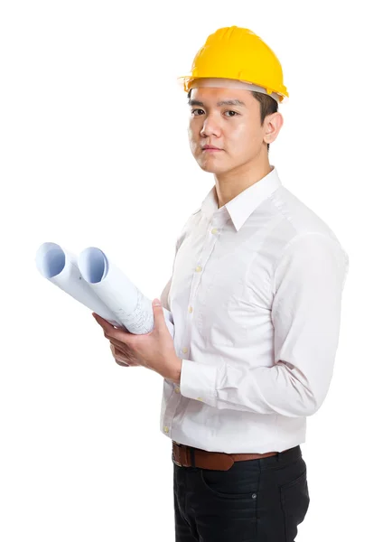 Engineer holding layout drawing — Stock Photo, Image