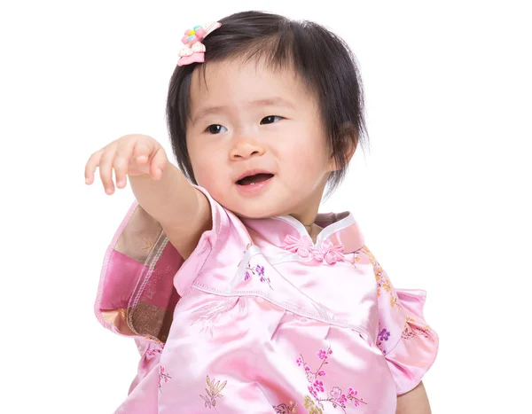 Chinesisch babby girl hand up und point to front — Stockfoto