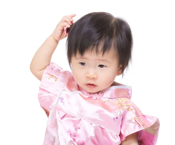 Chinês bebê menina sentimento confundir — Fotografia de Stock