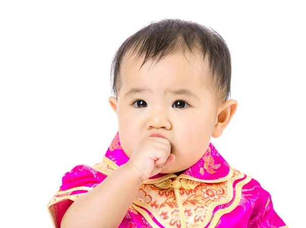 Chinese baby girl suck finger into mouth — Stock Photo, Image