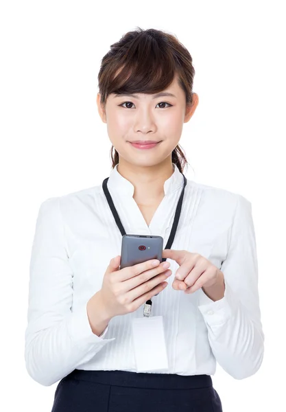 Aziatische zakenvrouw aanraken van mobiele — Stockfoto