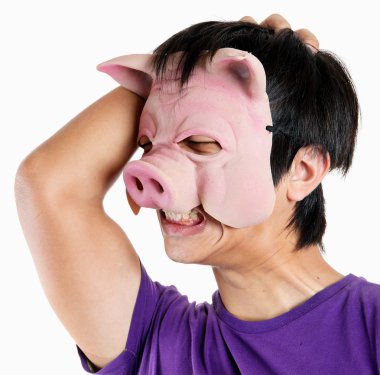 Man wearing pig mask with headache clipart