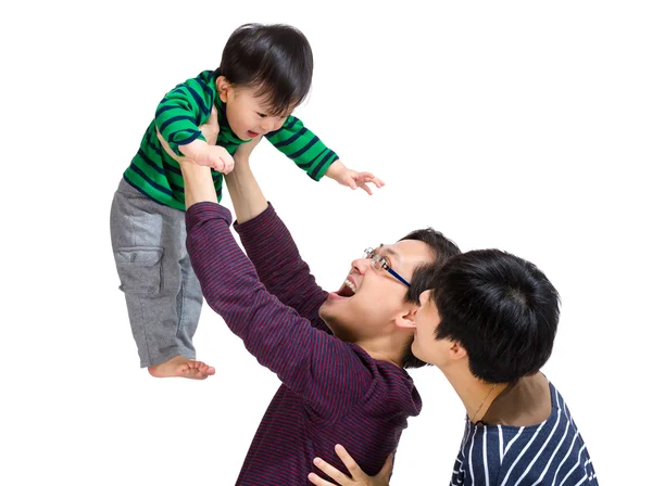 Happy asian family with dad throwing up — Stock Photo, Image