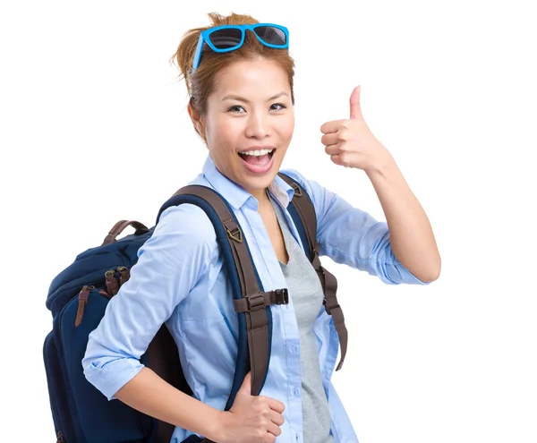 Happy tourist woman with thumb up — Stock Photo, Image