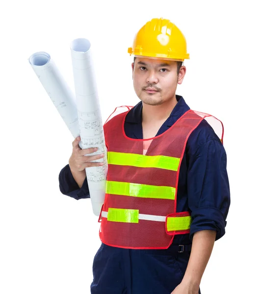 Trabalhador da construção segurando desenho layout — Fotografia de Stock