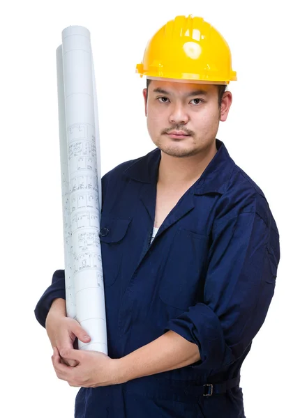 Asian construction worker holding layout drawing — Stock Photo, Image