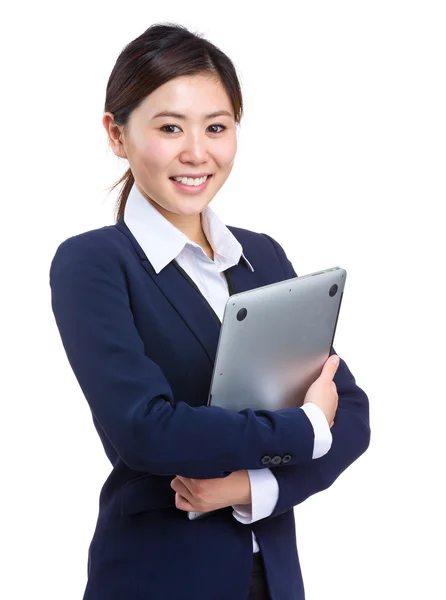 Business woman holding with laptop computer — Stock Photo, Image