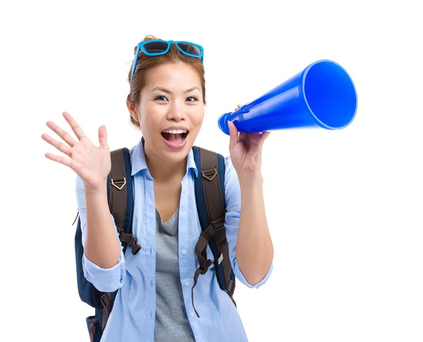 Excited woman traveller using megaphone — Stock Photo, Image