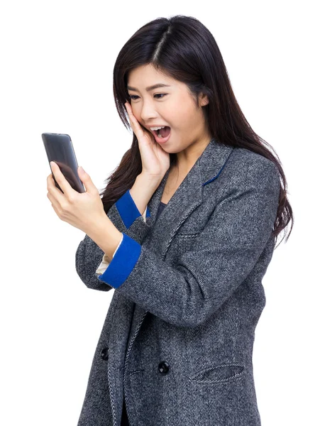 Woman surprise with text message — Stock Photo, Image