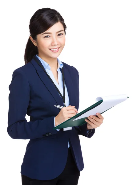 Business woman take note on clipboard — Stock Photo, Image