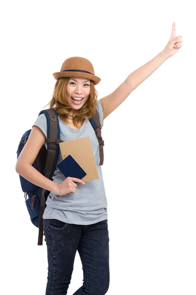 Female traveler finger up — Stock Photo, Image