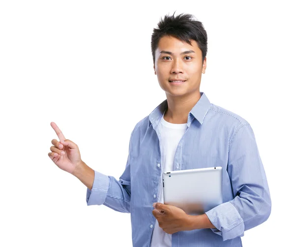 Man hold tablet and finger point up — Stock Photo, Image