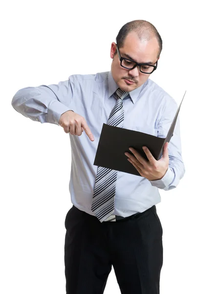 Angry business point to folder — Stock Photo, Image