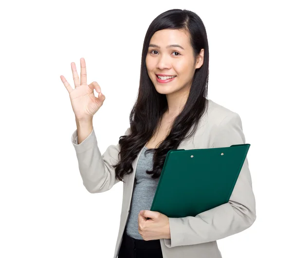 Woman with clipboard and show ok sign — Stock Photo, Image