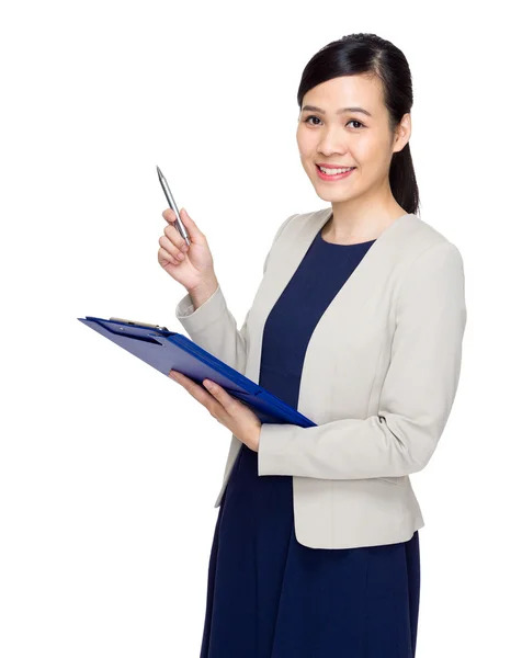 Business woman point out with pen — Stock Photo, Image