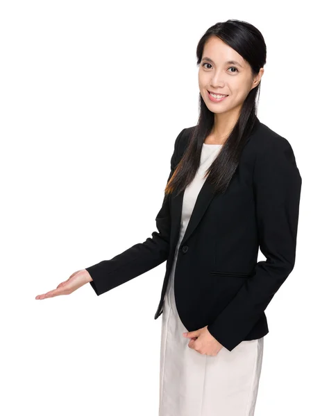 Business woman with open hand palm — Stock Photo, Image